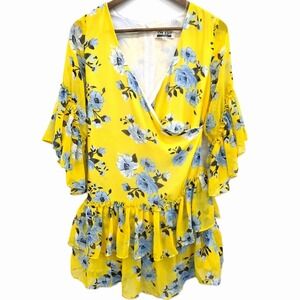 Womens S Yellow Blue Floral Ruffle Tiered Bell Sleeve V-Neck Lined Boho Dress